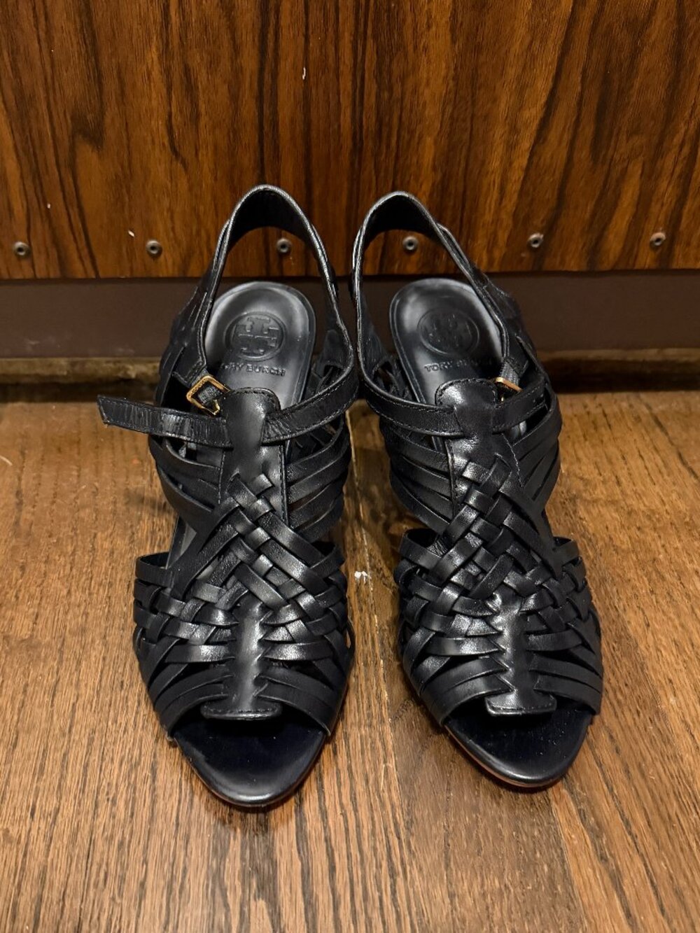 Tory Burch Black Woven Leather Cage Heels Sandals 9